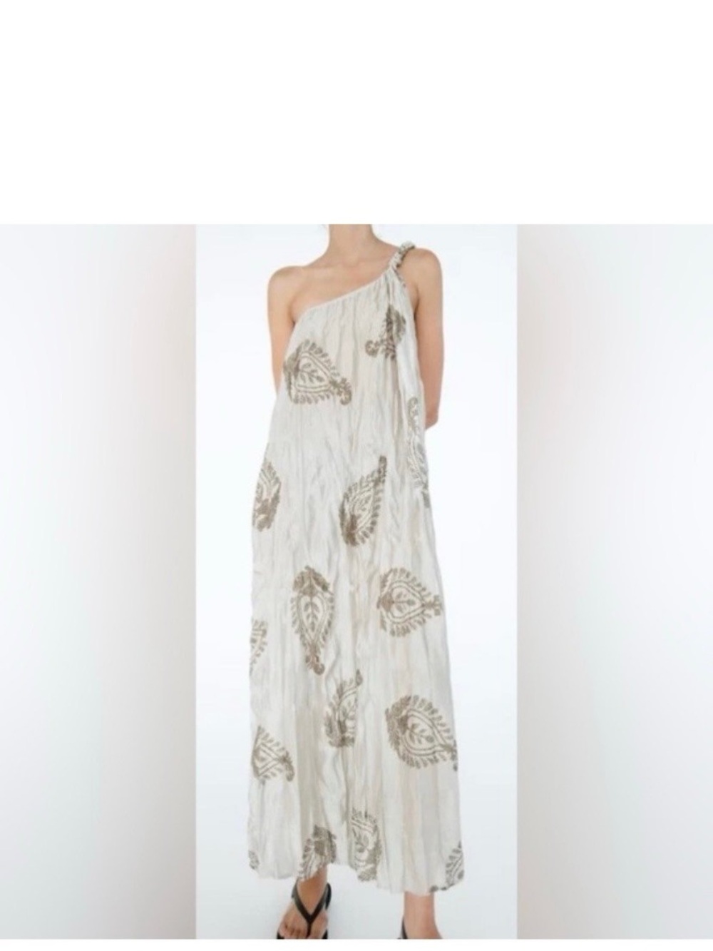 Zara L One-Shoulder Cream Maxi Dress with Metallic Leaf Print new with tags